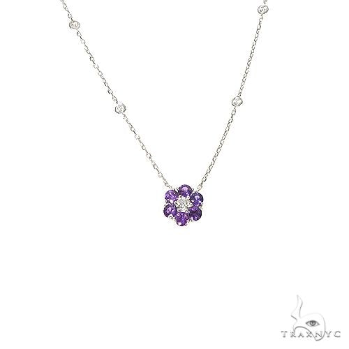 Silver chain necklace with purple sapphire and diamond flower pendant