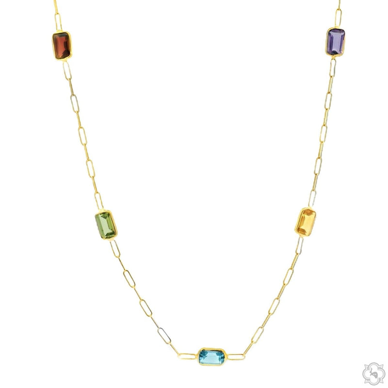 Rainbow gem link necklace with emerald-cut multicolor stones set in alternating links – front view