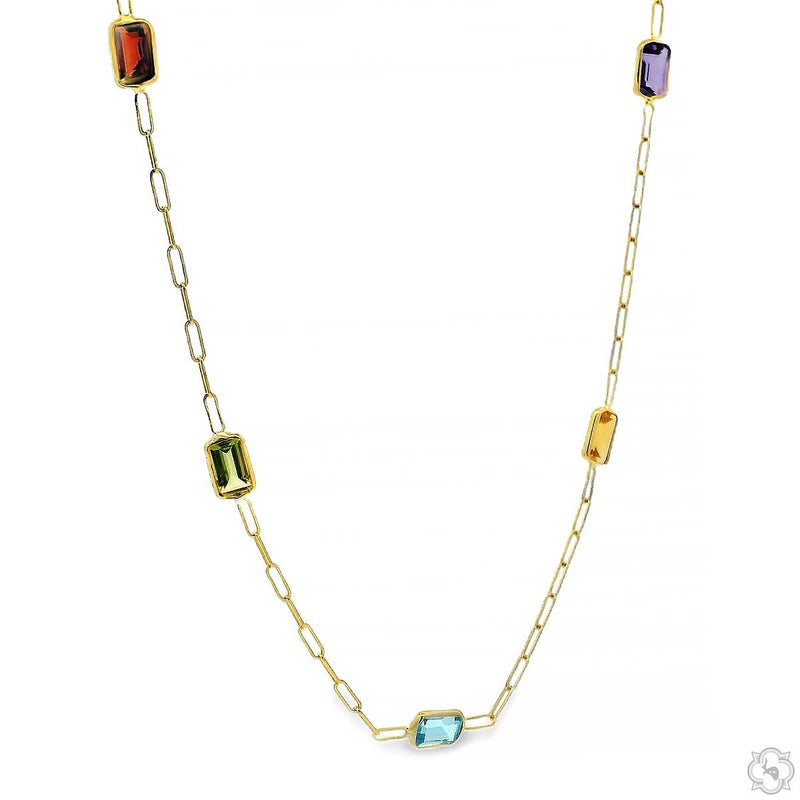 Yellow gold link necklace with multicolored rectangular gemstone accents