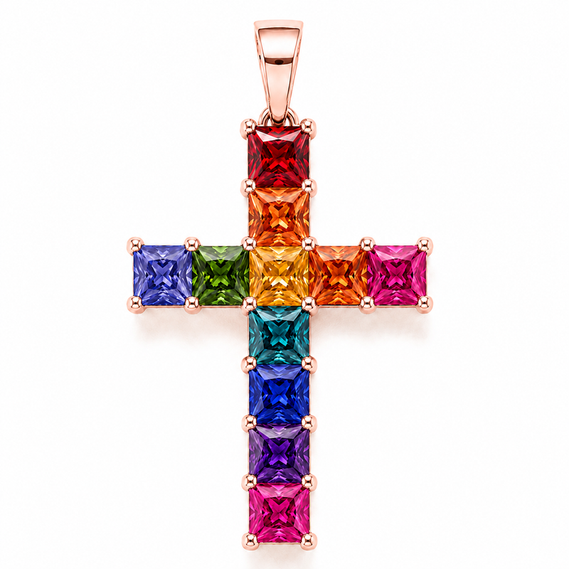 Rainbow Princess Cut Sapphire Cross in 14K gold, view 3