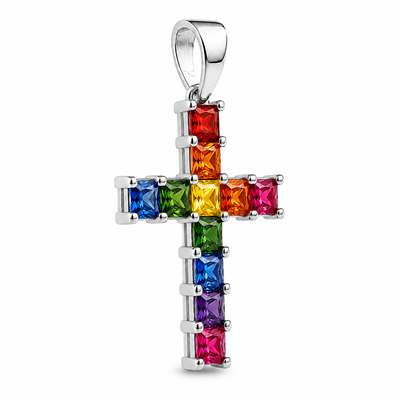 Rainbow Princess Cut Sapphire Cross in 14K gold, view 4