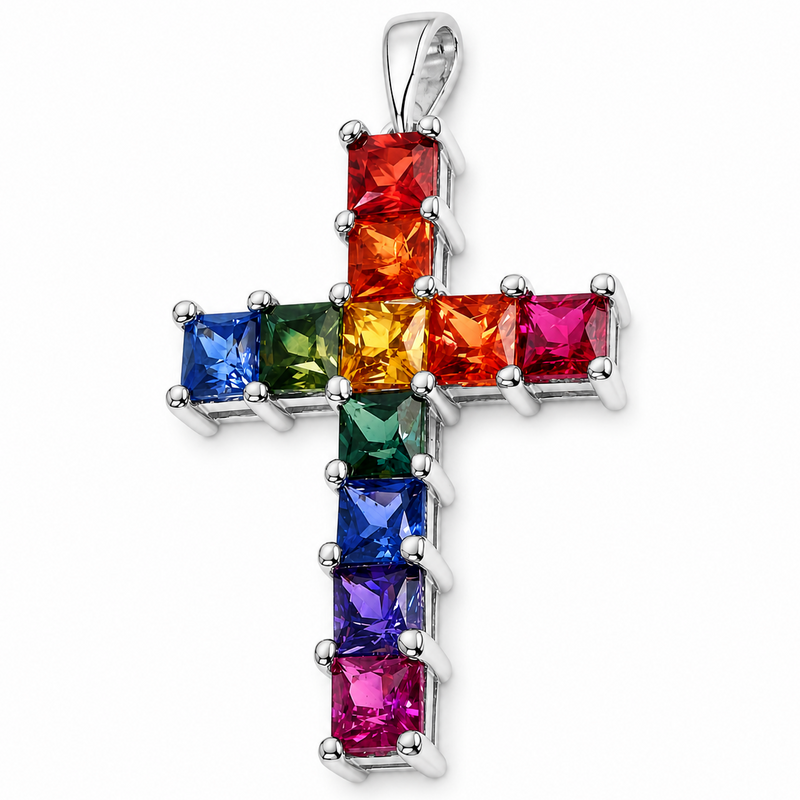 Rainbow Princess Cut Sapphire Cross in 14K gold, view 5