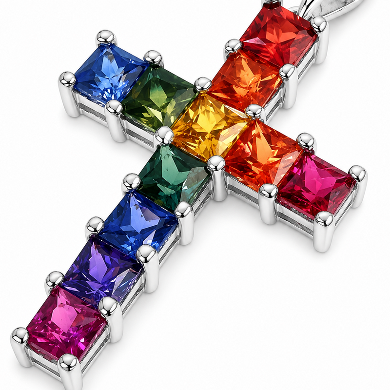 Rainbow Princess Cut Sapphire Cross in 14K gold, view 6