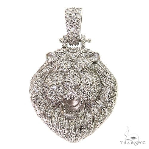 White gold lion head pendant encrusted with diamonds and intricate mane detailing