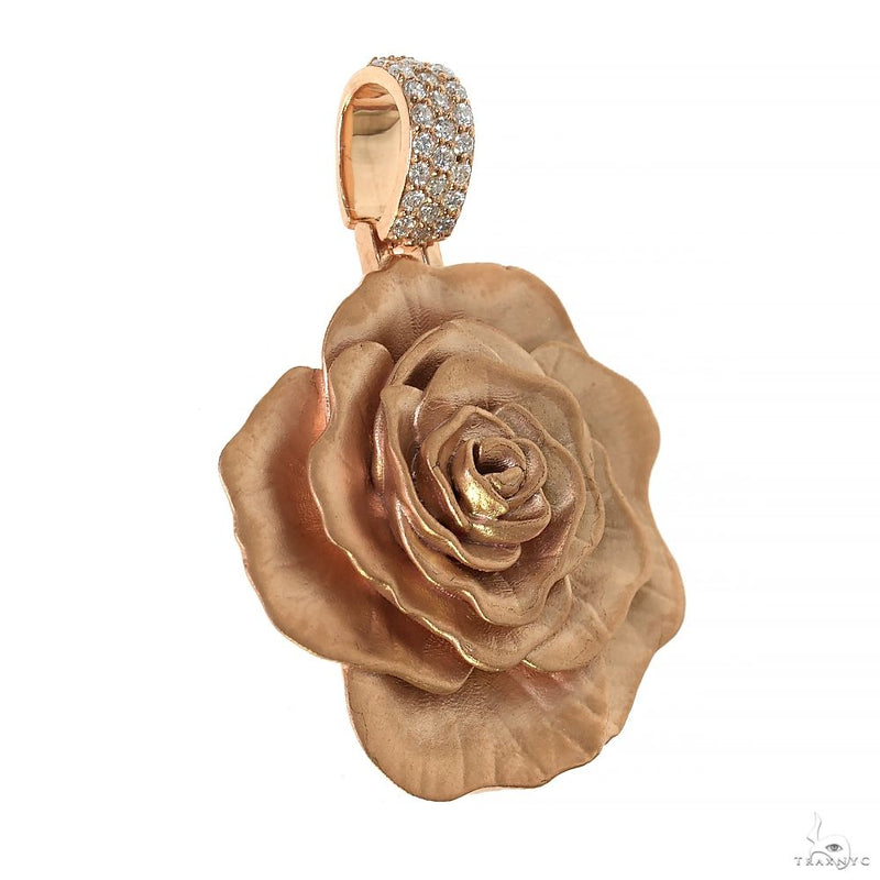 Rose gold flower pendant with detailed petals and a pavé diamond encrusted bail