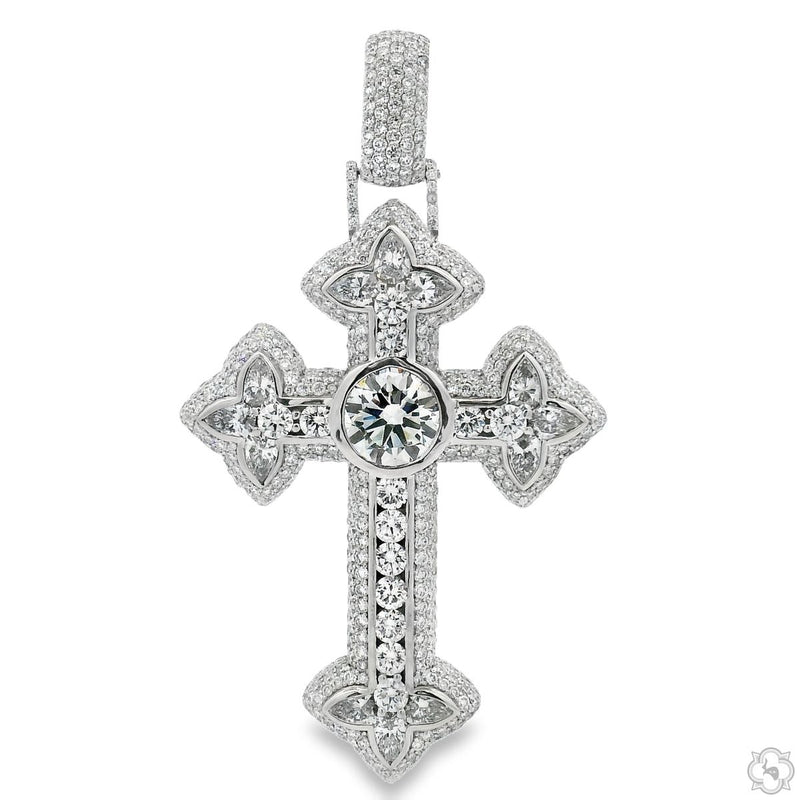 White gold men's cross pendant with central diamond and pavé diamond accents