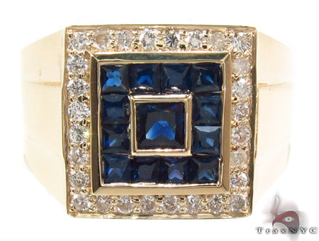 Yellow gold men's ring with square sapphire center and diamond halo details