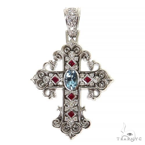 Aquamarine Ruby Diamond Cross 68582 | TraxNYC