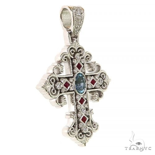 14K Gold Aquamarine Ruby Diamond Cross, photo 2 of 6
