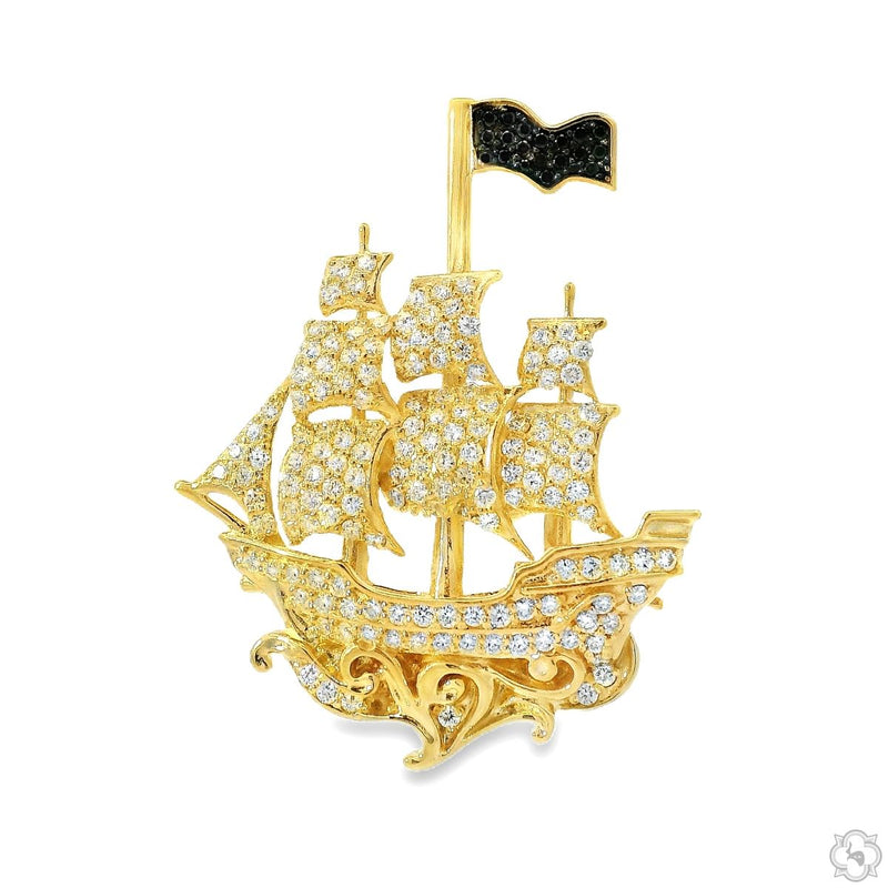 Diamond sailboat pendant in gold – white diamond-set hull with black gemstone flag detail, front view