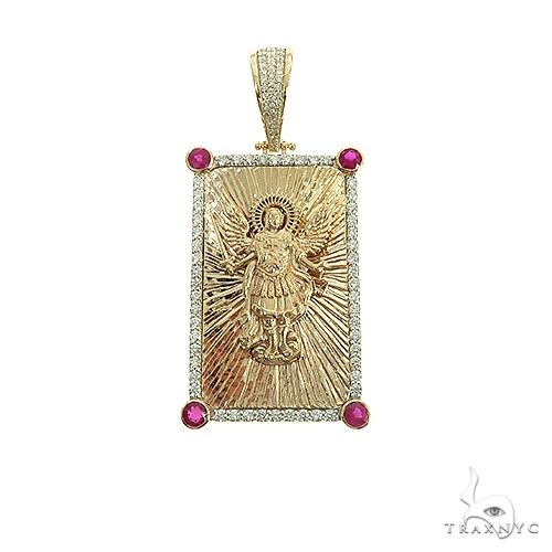 Custom Saint Michael pendant in yellow gold with round-cut diamond pave, front-facing view