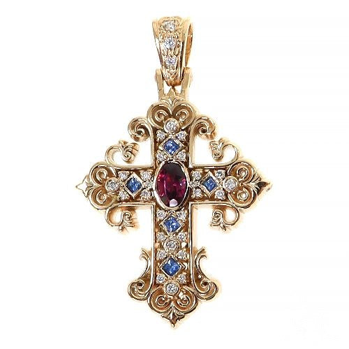 Yellow gold cross pendant with rhodolite sapphire center and diamond accents