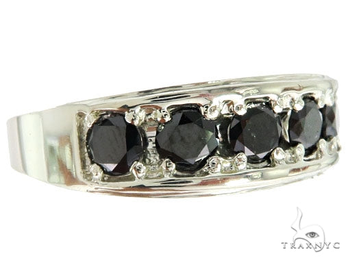 Men's silver ring with black diamond stones set across the face, dark close-set stones, front angle
