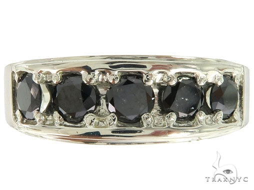 Silver band ring with five round black diamonds set in a row