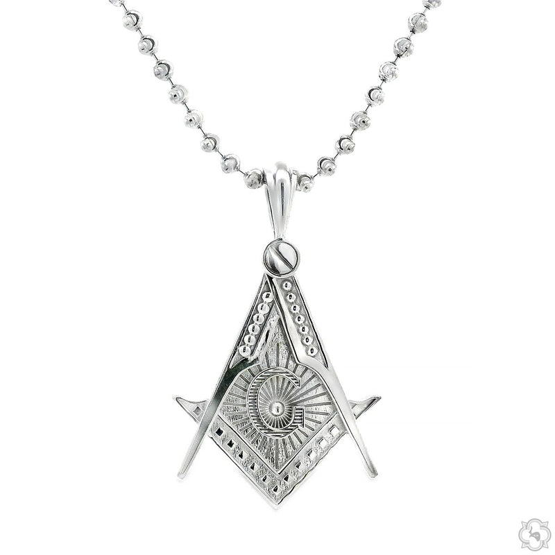 Large silver Masonic emblem pendant with detailed engravings on a ball chain necklace