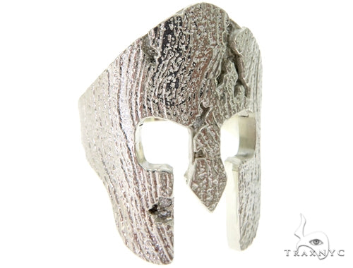 mens sterling silver prong diamond ring with Spartan mask sculpt – front three-quarter view