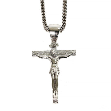 Silver Jesus crucifix pendant with detailed Franco chain necklace.