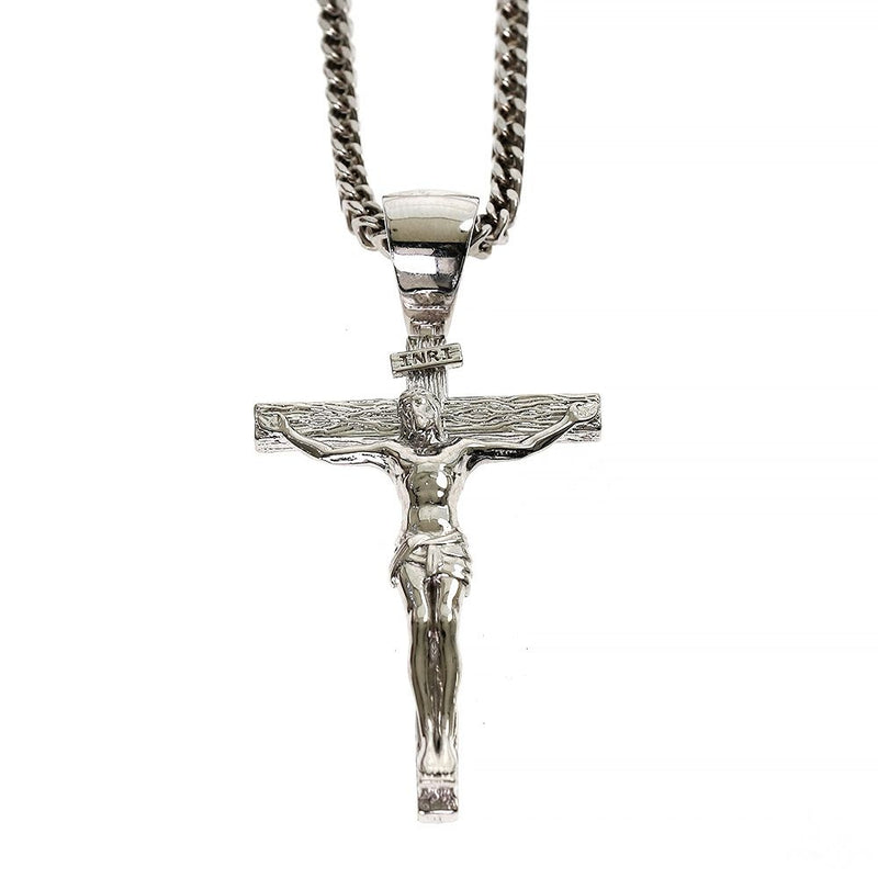 Silver Jesus crucifix pendant with detailed Franco chain necklace