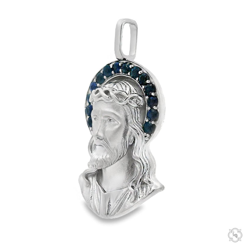 Sapphire Halo Silver Jesus Pendant, photo 4 of 8