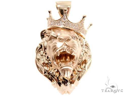 Small rose gold lion head pendant with crown and diamond accents, men's jewelry accessory