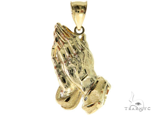 Gold praying hands pendant in 10k yellow gold – front-facing view showing relief detail