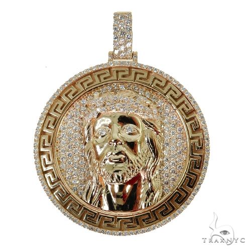 Diamond Jesus pendant with Greek motif relief face, medium size, set with round diamonds – front view