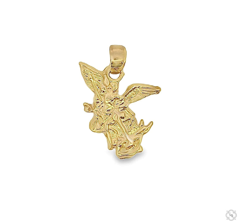 Small yellow gold Saint Michael charm pendant with detailed angel design for men
