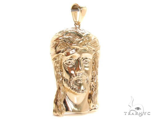 Solid 10K yellow gold Jesus pendant with detailed facial features and crown of thorns