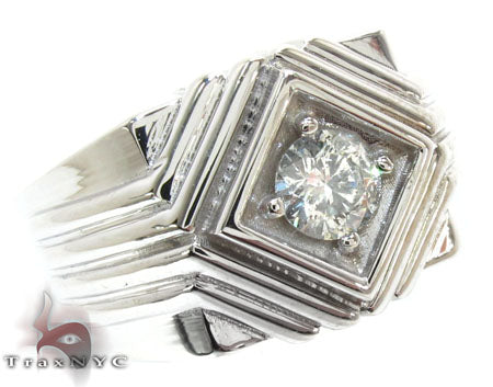 White gold men's solitaire XL ring with center diamond and geometric layered band