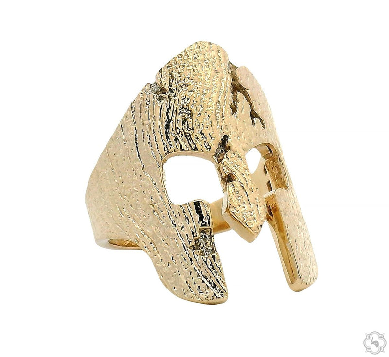 Yellow gold Spartan helmet ring with textured finish and bold cutout eye design