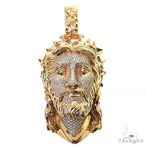 Yellow gold Jesus head pendant with spike crown and diamond accents