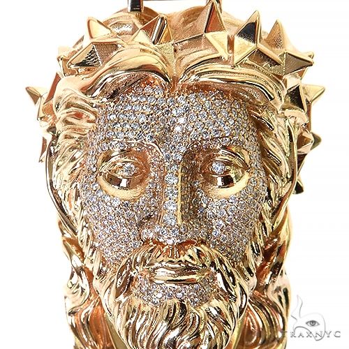 14K Gold Spikes Crown Jesus Head Diamond Pendant, photo 3 of 8
