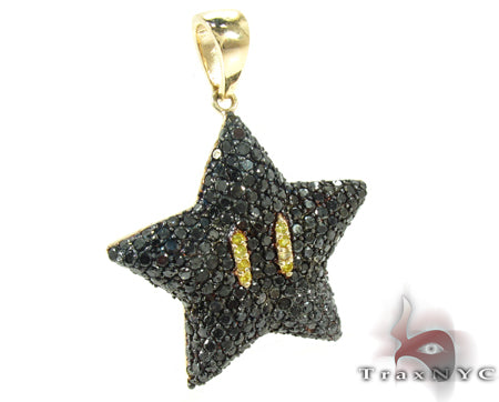 Black diamond star pendant with gold bail, inspired by Super Mario Bros character design