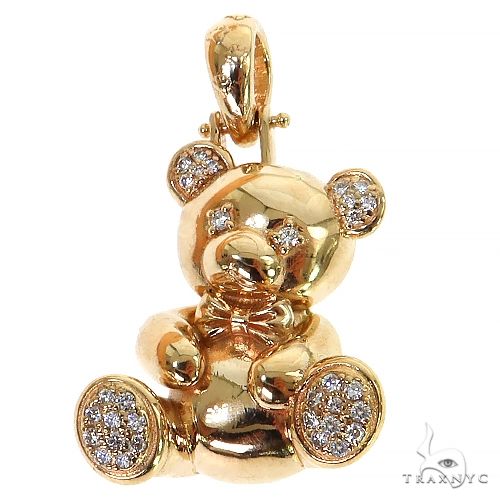 Diamond teddy bear pendant in 14k yellow gold – front-facing view showing full bear silhouette with pavé diamond coverage