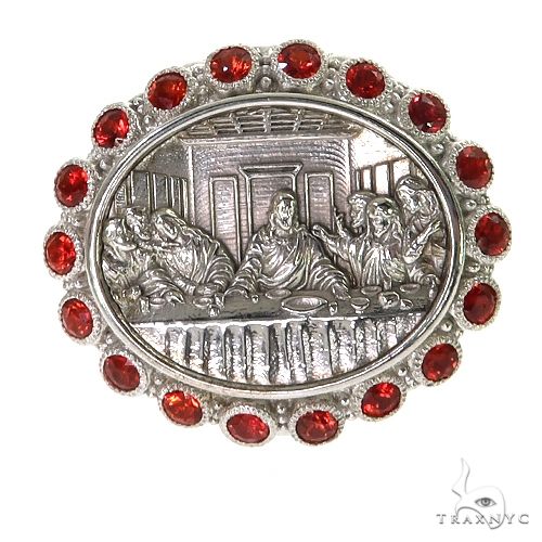 Silver men's ring with Last Supper engraving and round crimson red sapphires surrounding center