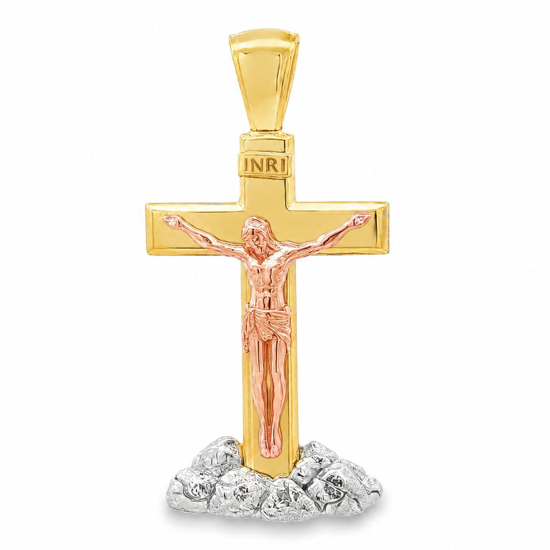 Three Tone Gold Savior Crucifix Pendant | TraxNYC