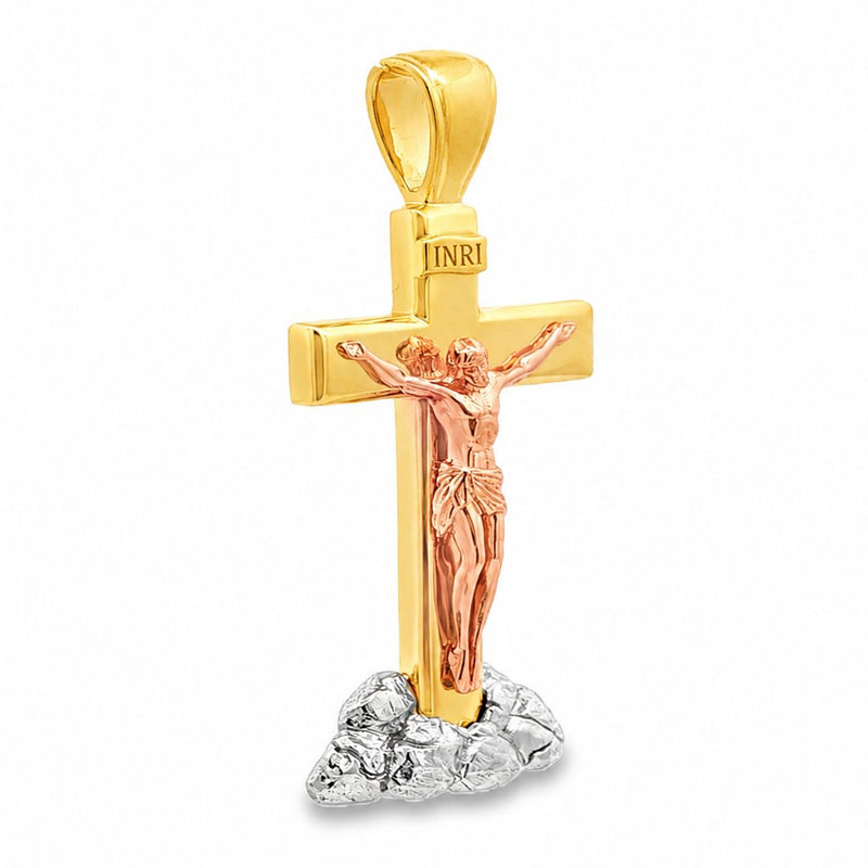 Three Tone Savior Crucifix Pendant in 14K gold, view 3