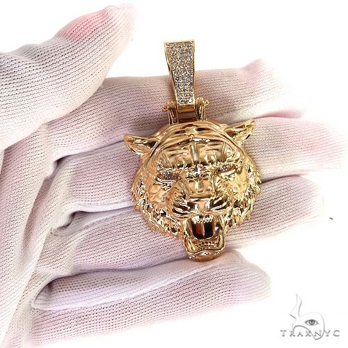 14K Gold Tiger Head Lab-Grown Diamond Pendant -Large, photo 7 of 7