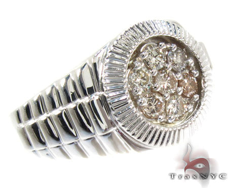 Men's silver solitaire ring with textured band and clustered round diamond center