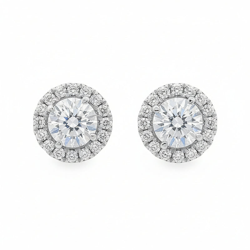 Yellow gold diamond stud earrings with halo setting, round brilliant cut diamonds
