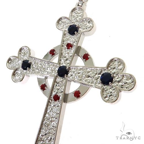 925 silver men's cross pendant with black and red gemstone accents and textured design