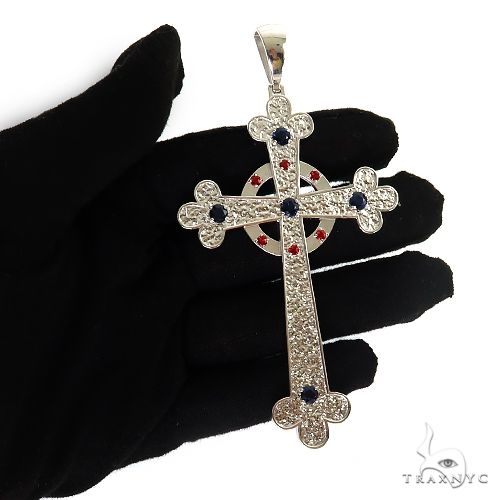 925 silver men's cross pendant with blue stones and intricate floral details