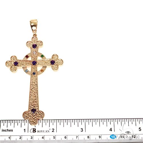 Yellow gold men's cross pendant with intricate design and multicolored gemstones