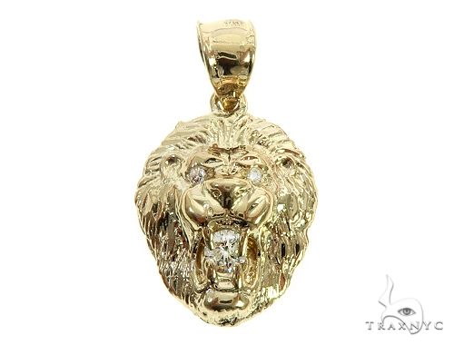 Yellow gold lion head pendant with diamond accents and detailed mane design