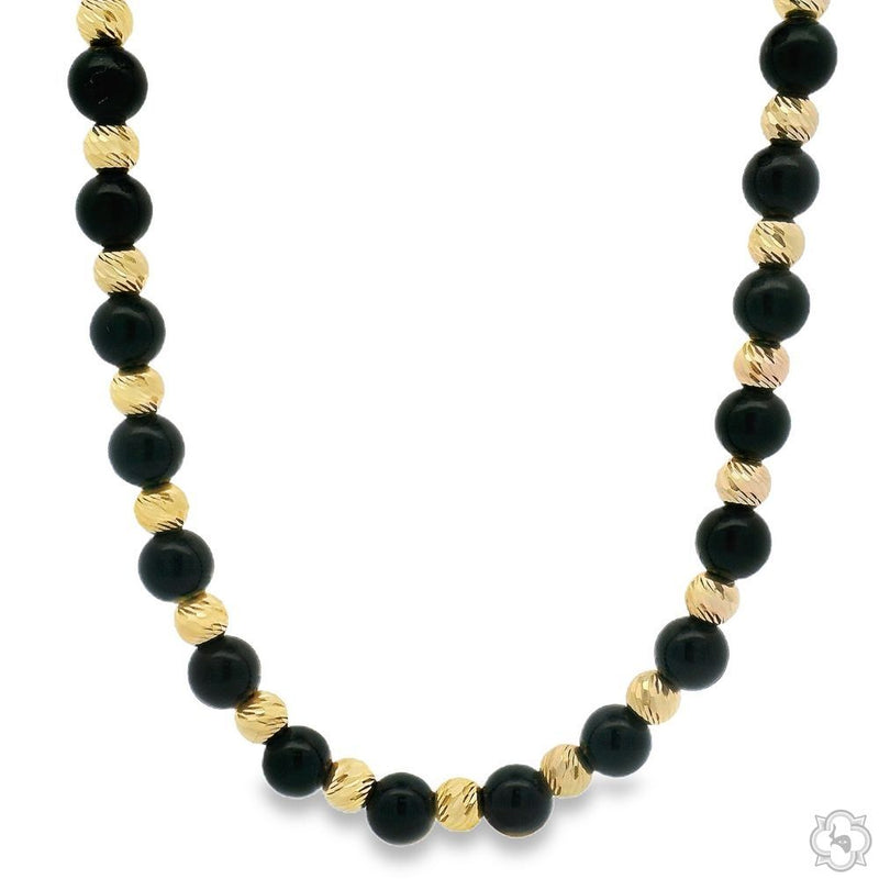 14K gold and black bead necklace with alternating smooth and textured beads, unisex design