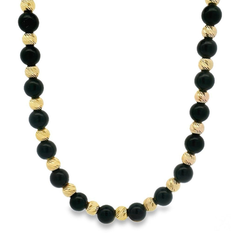 14K gold and black bead necklace with alternating smooth and textured beads, unisex design