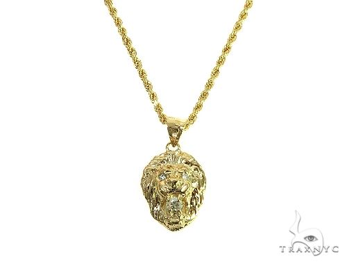 Yellow gold lion head pendant with diamond accents on a matching rope chain