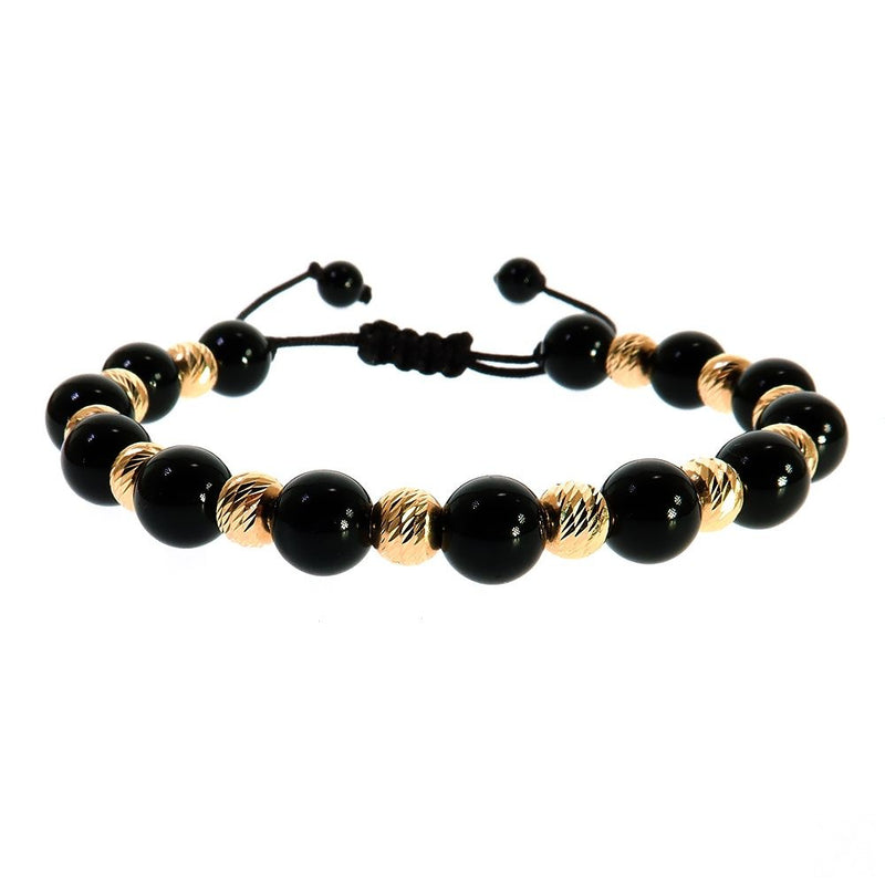 14K gold and black bead adjustable men's bracelet with textured gold accents and black cord closure