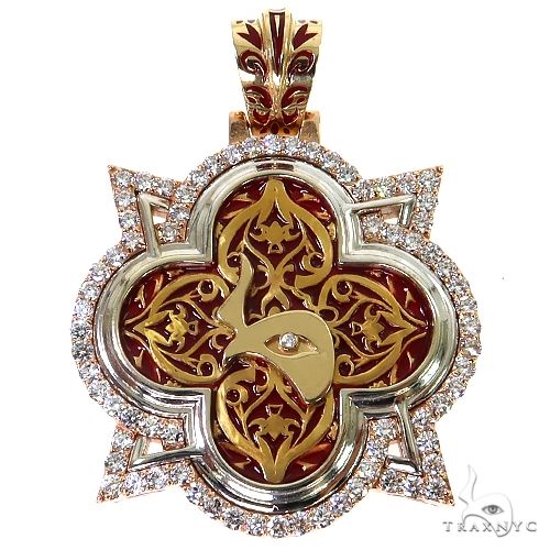 Custom diamond logo pendant in gold with pavé-set round diamonds across branded silhouette, front view