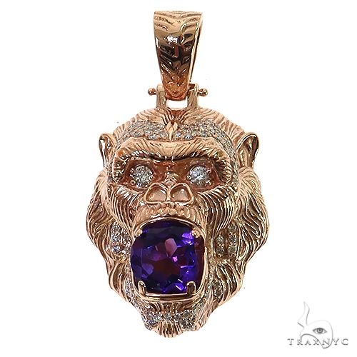 Rose gold gorilla pendant with detailed fur texture and square purple gemstone mouth centerpiece
